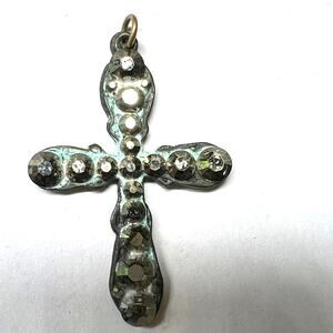 Anne Koplik  Faith Jesus decorative cross pendant iridescent crystals aged metal
